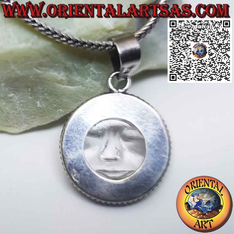 Pendentif soleil en argent sculpté sur cristal de roche avec bordure