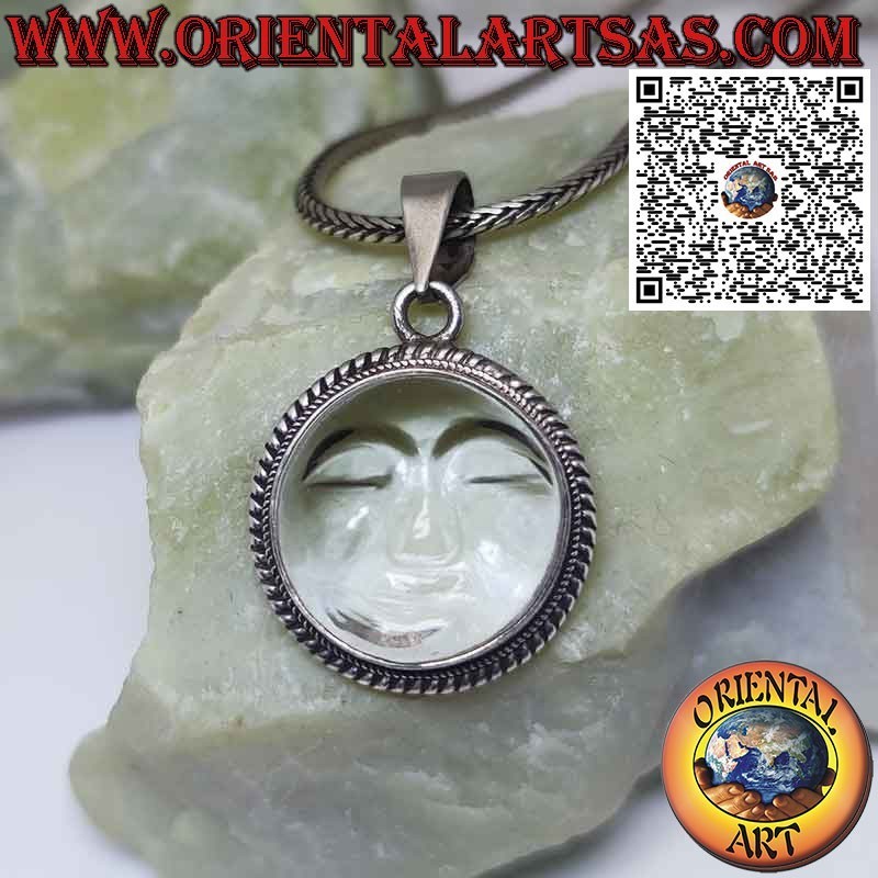 Silver sun pendant carved on rock crystal with edge