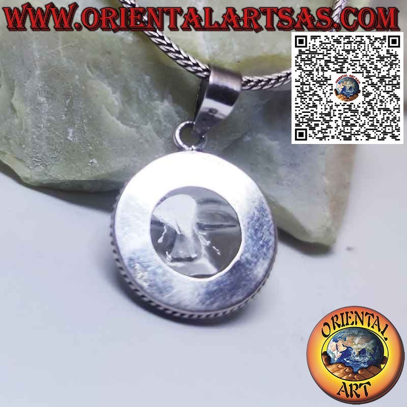 Silver sun pendant carved on rock crystal with edge