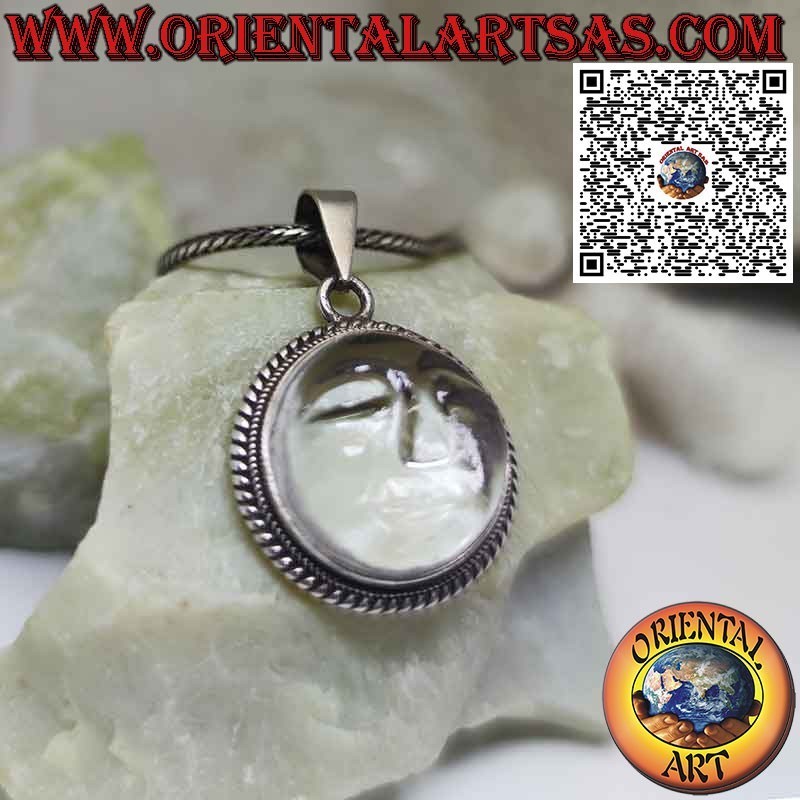 Silver sun pendant carved on rock crystal with edge