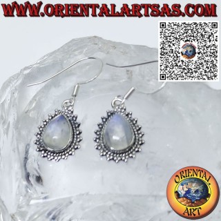Pendientes de plata con piedra lunar arcoíris en forma de lágrima y borde de esfera