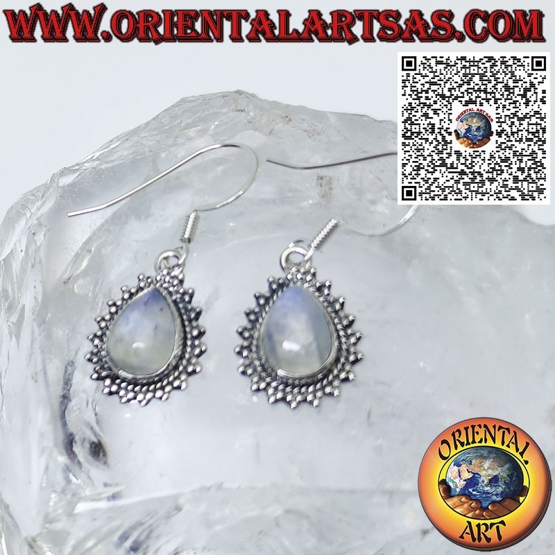 Pendientes de plata con piedra lunar arcoíris en forma de lágrima y borde de esfera