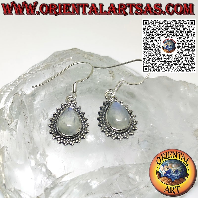 Silver earrings with teardrop rainbow moonstone, sphere edge