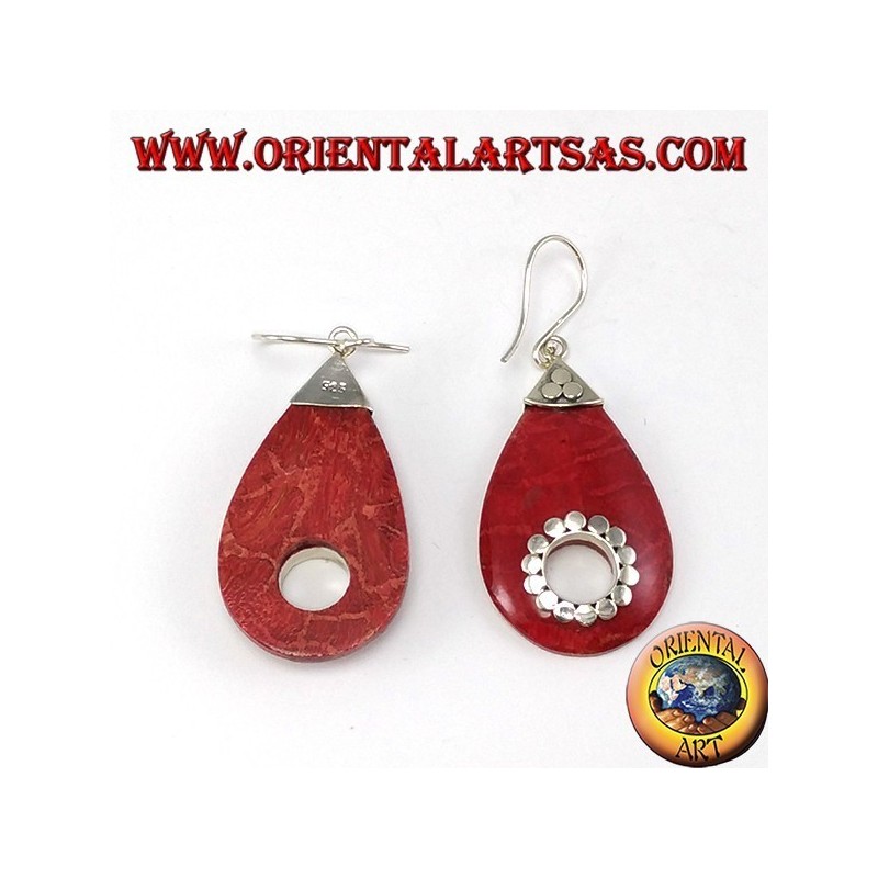 Pendientes de plata con forma de lágrima coral con agujero central (tachonado)