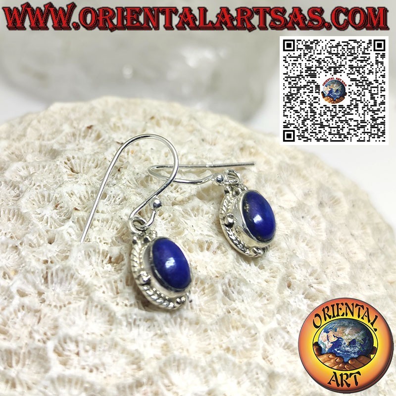 Boucles d'oreilles en argent avec lapis-lazuli naturel ovale, sphères et tresse