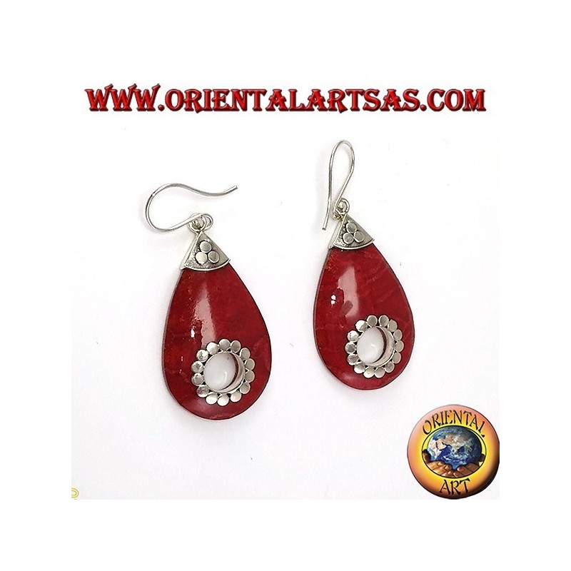 Boucles d'oreilles argent avec goutte d'eau de corail avec trou central (clouté)