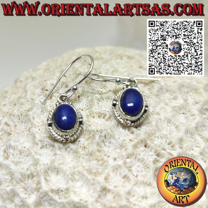 Silberohrringe mit ovalem natürlichem Lapislazuli, Kugeln und Zopf
