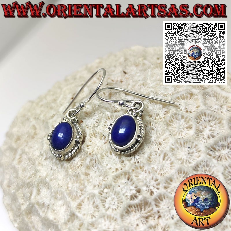 Pendientes de plata con lapislázuli natural ovalado, esferas y trenza