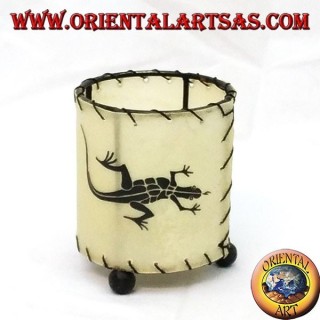 Cylindrical leather candle holder with drawn gecko