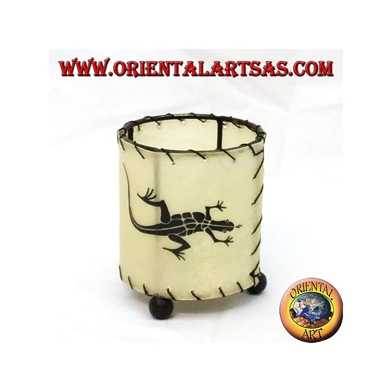 Cylindrical leather candle holder with drawn gecko