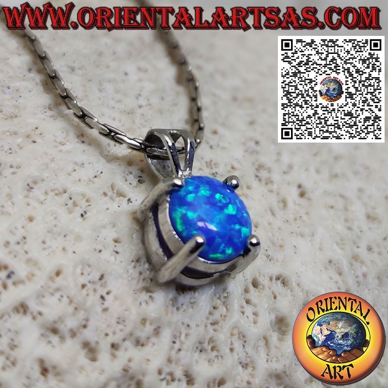 Silver pendant with round blue opal set with four prongs