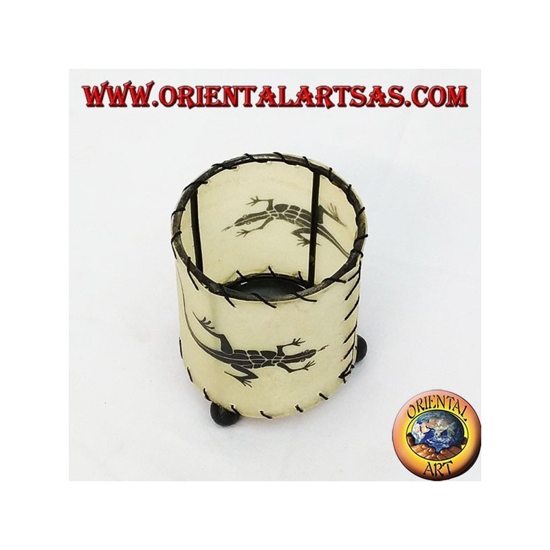 Cylindrical leather candle holder with drawn gecko