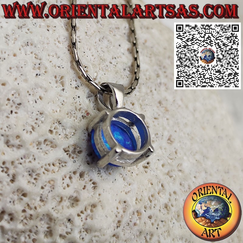 Silver pendant with round blue opal set with four prongs