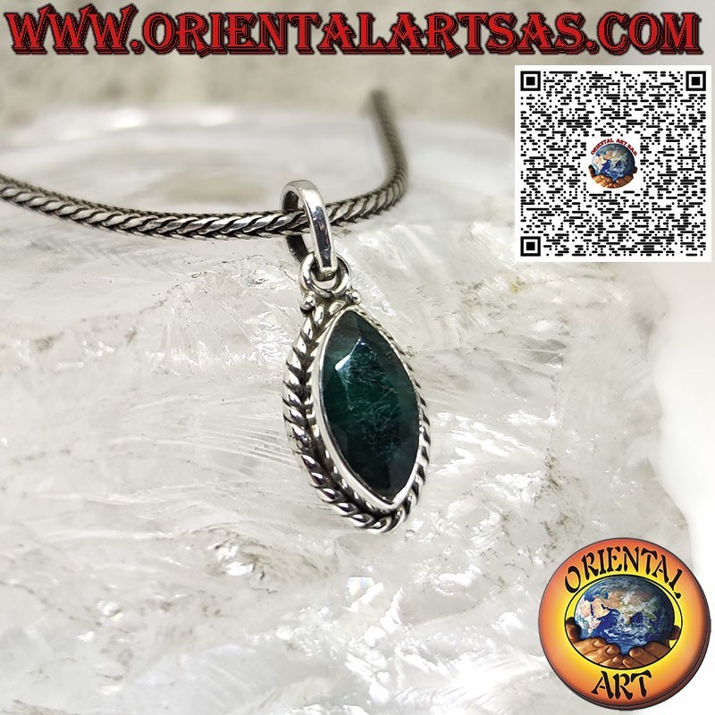 Silver pendant with natural shuttle emerald and braided edge
