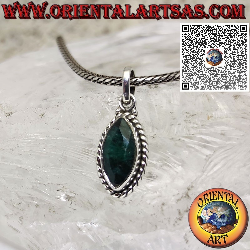 Silver pendant with natural shuttle emerald and braided edge
