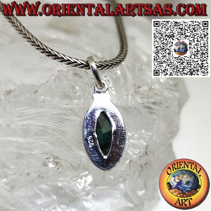 Silver pendant with natural shuttle emerald and braided edge