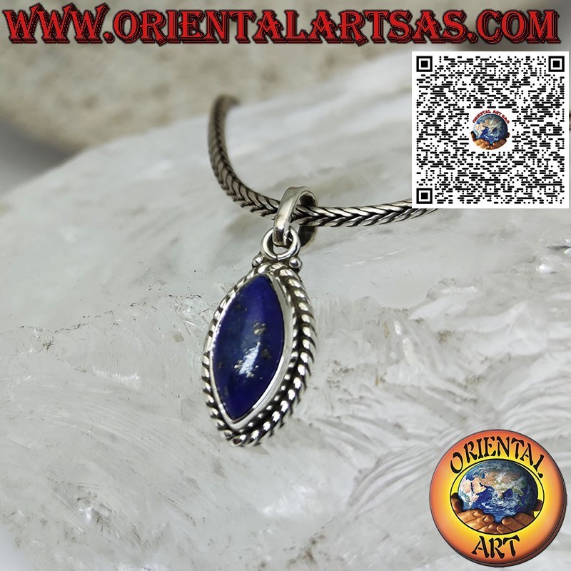 Pendentif en argent avec lapis-lazuli navette naturel et bord tressé