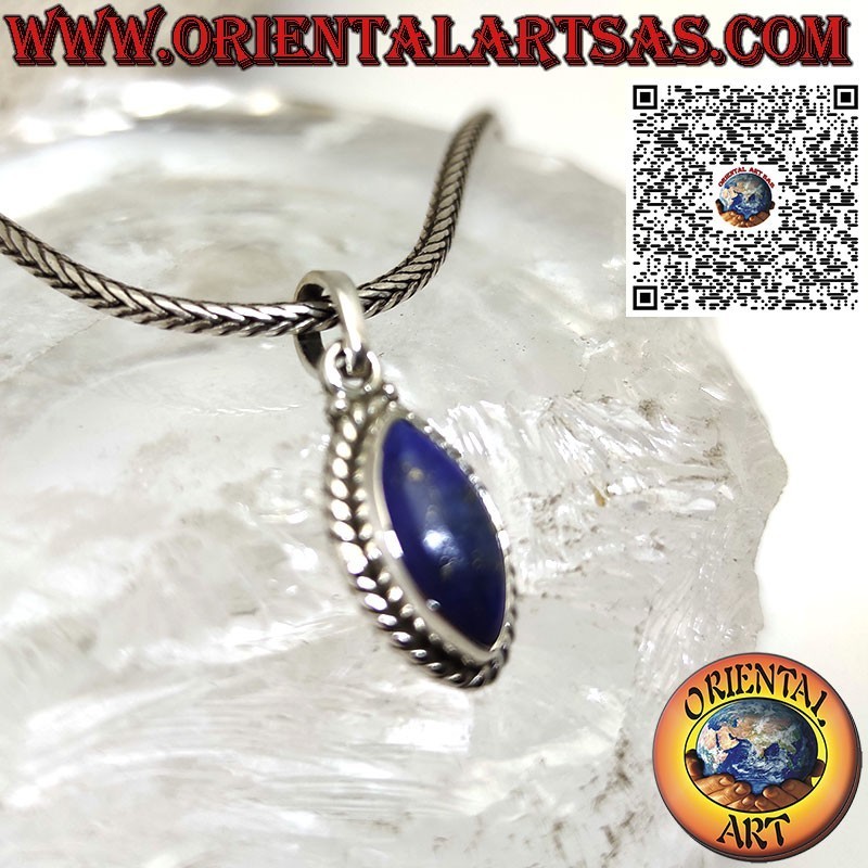 Silver pendant with natural shuttle lapis lazuli and braided edge