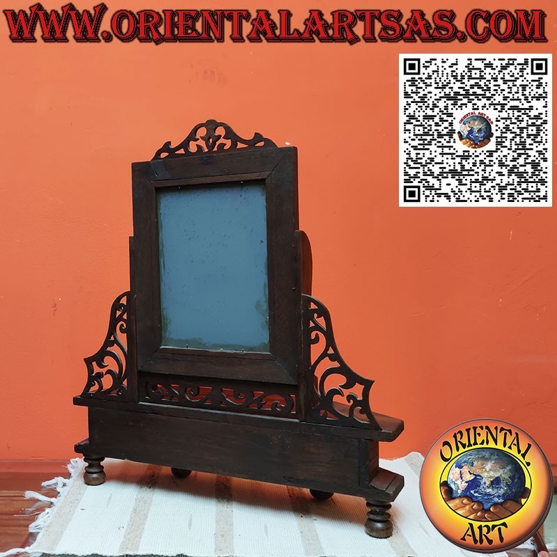 Reclining teak freestanding mirror with drawer and decorations