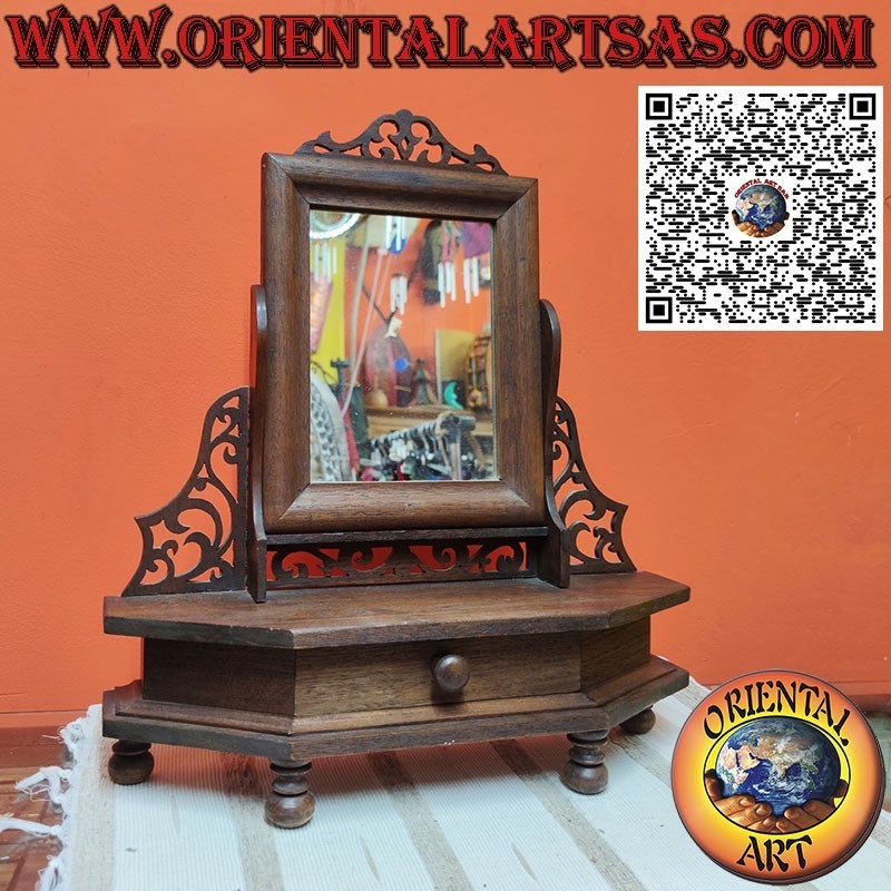 Reclining teak freestanding mirror with drawer and decorations