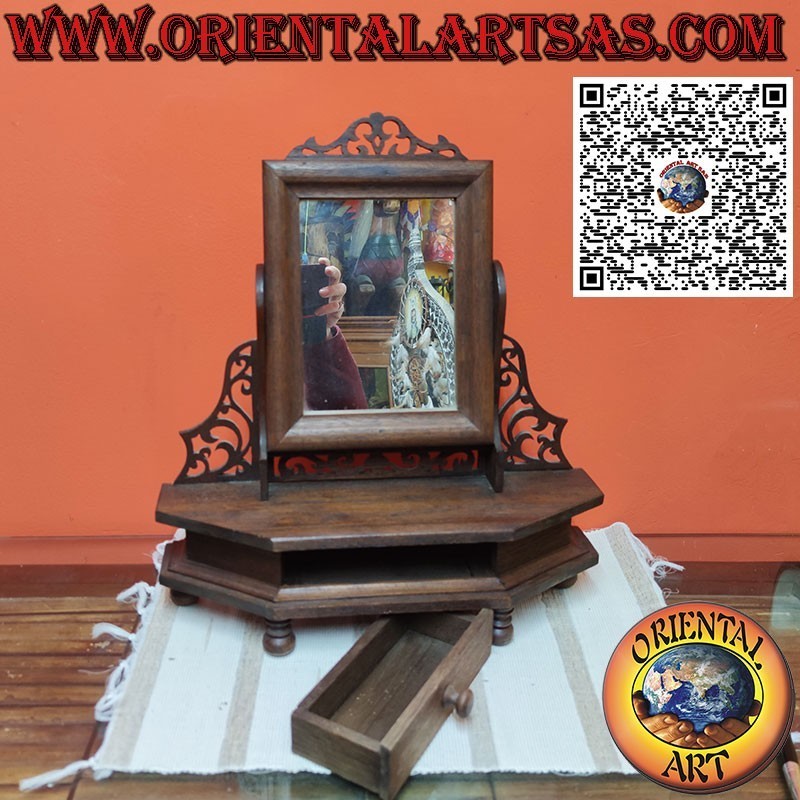 Reclining teak freestanding mirror with drawer and decorations