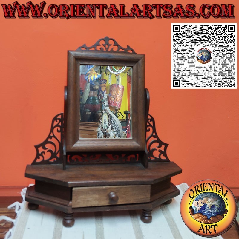 Reclining teak freestanding mirror with drawer and decorations