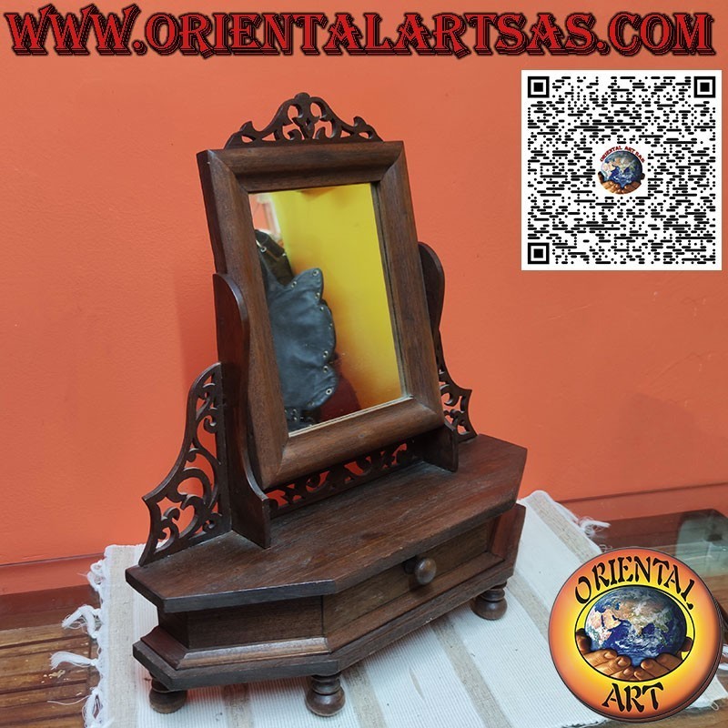 Reclining teak freestanding mirror with drawer and decorations