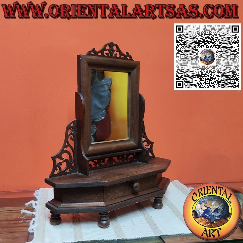 Reclining teak freestanding mirror with drawer and decorations