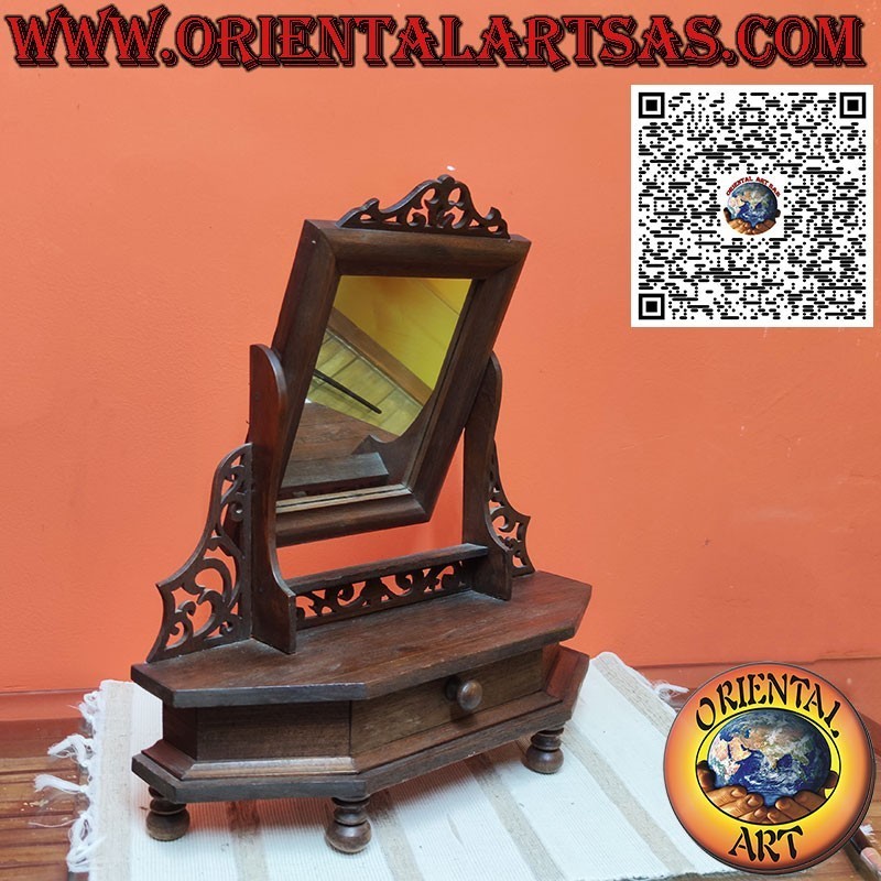 Specchio da appoggio in teak reclinabile con cassetto e decorazioni