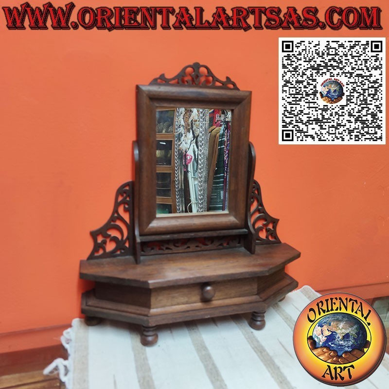 Reclining teak freestanding mirror with drawer and decorations
