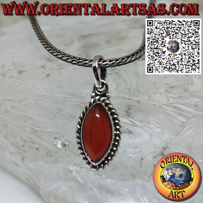 Silver pendant with shuttle carnelian surrounded by a braid