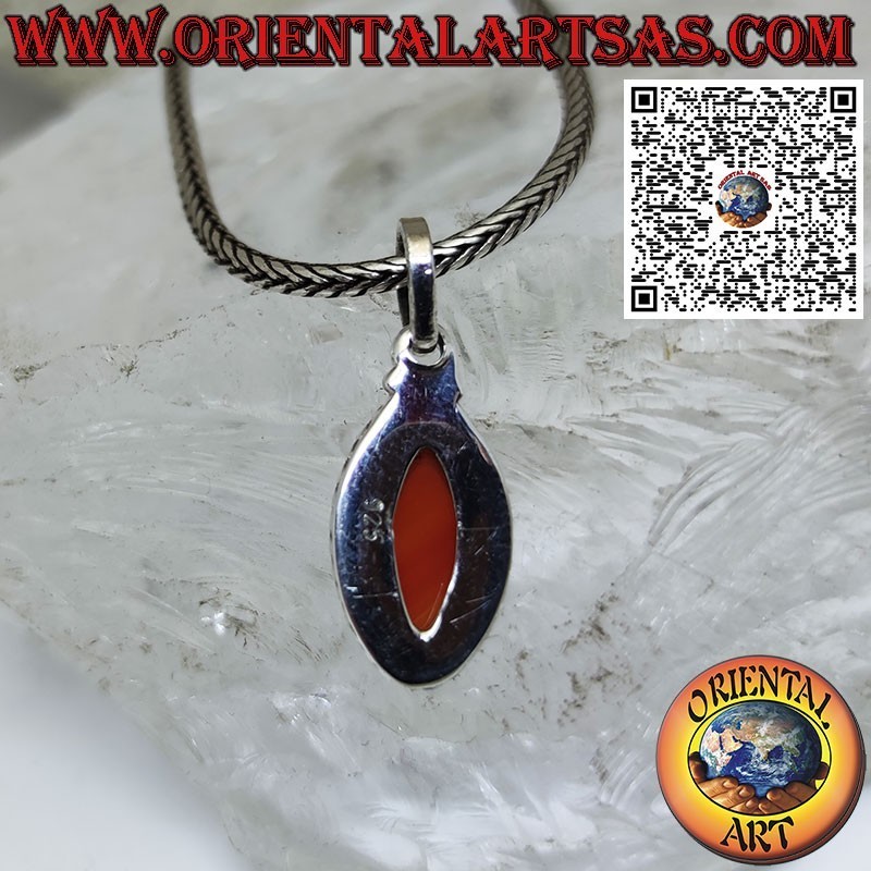 Silver pendant with shuttle carnelian surrounded by a braid