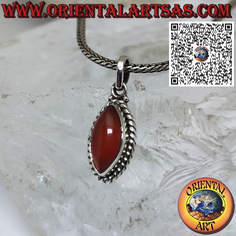 Silver pendant with shuttle carnelian surrounded by a braid