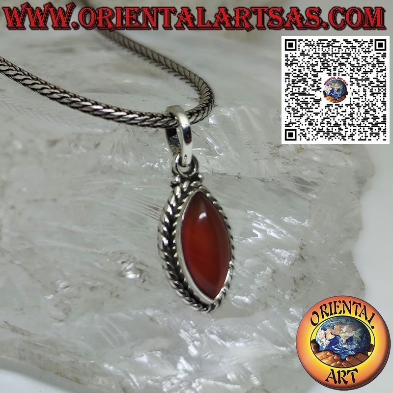Silver pendant with shuttle carnelian surrounded by a braid