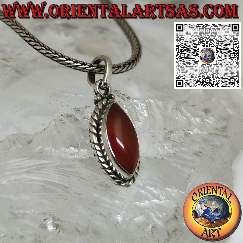 Silver pendant with shuttle carnelian surrounded by a braid
