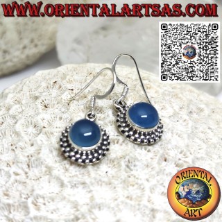 Silver earrings with round blue agate surrounded by 2 rows of spheres