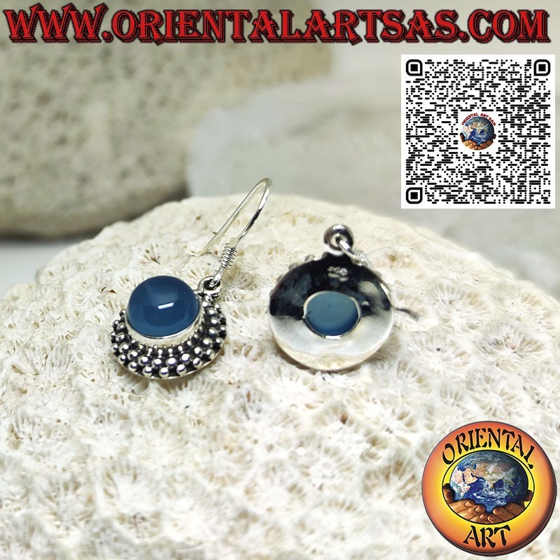 Orecchini in Argento con Agata blu tonda contornata da 2 file di sfere