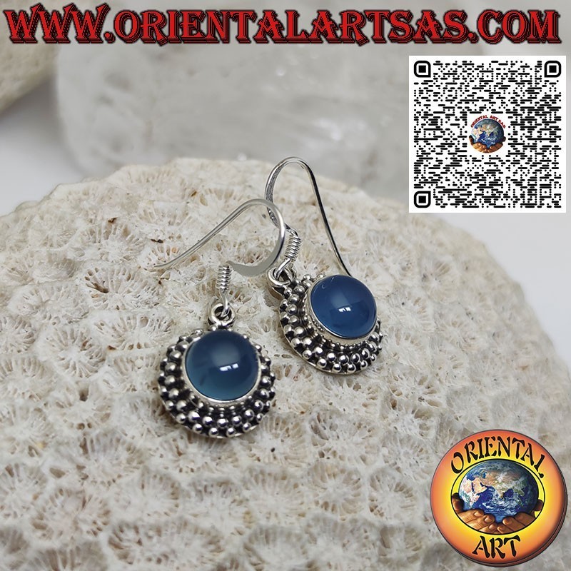 Orecchini in Argento con Agata blu tonda contornata da 2 file di sfere