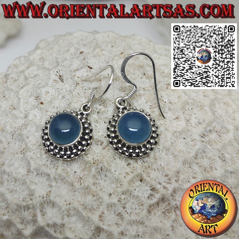 Orecchini in Argento con Agata blu tonda contornata da 2 file di sfere