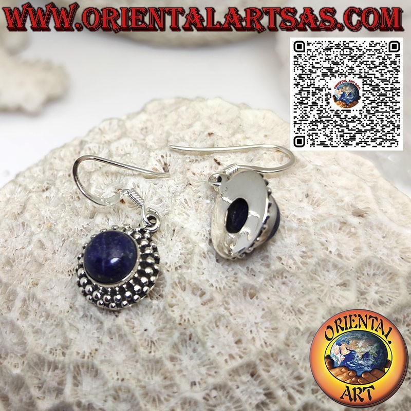 Silver earrings with round lapis lazuli surrounded by 2 rows of spheres
