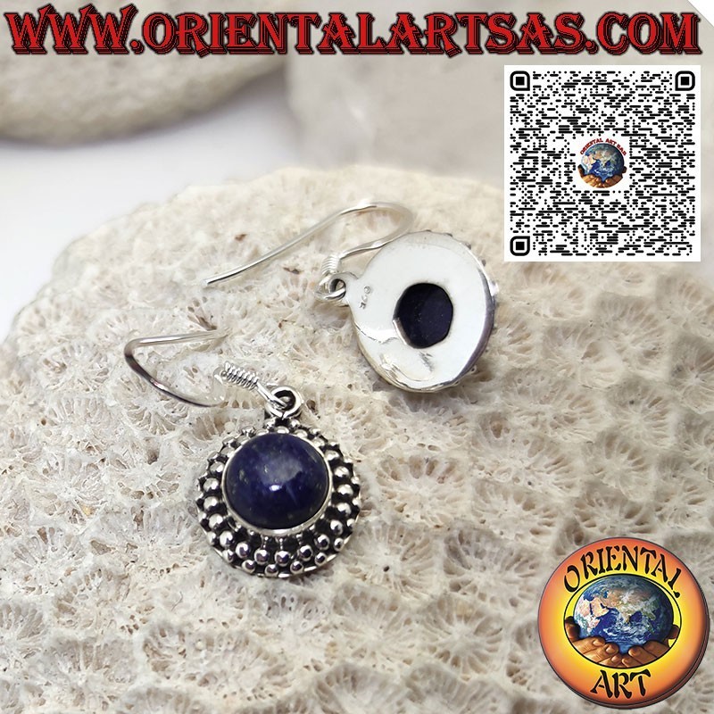 Silver earrings with round lapis lazuli surrounded by 2 rows of spheres