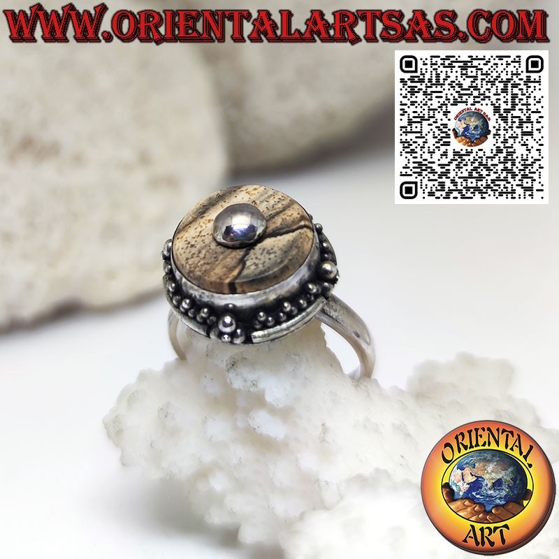Anillo de plata con jaspe paisaje redondo y bola central (b)