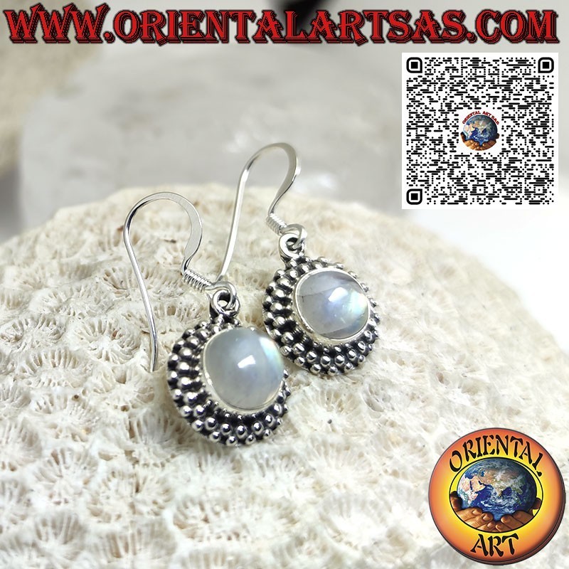 Silver earrings with rainbow moonstone surrounded by spheres
