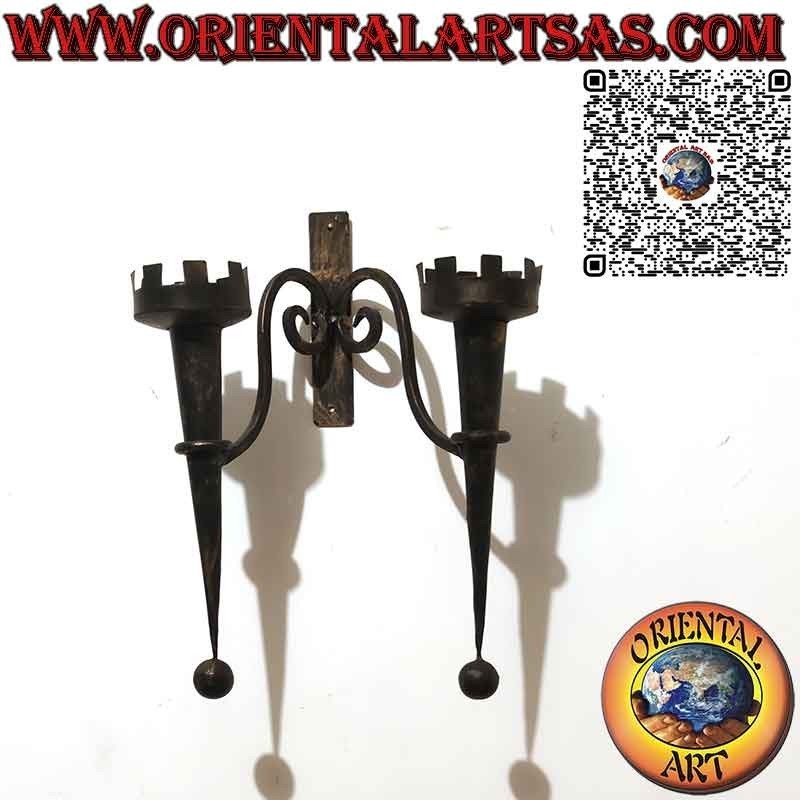 Medieval style wall candlestick with 2 torches in handmade wrought iron