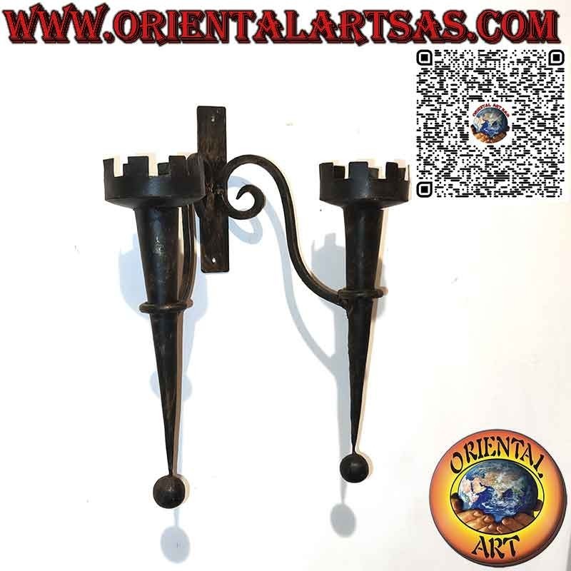 Medieval style wall candlestick with 2 torches in handmade wrought iron