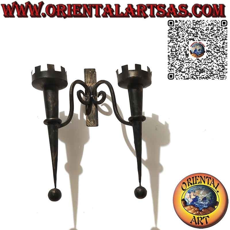 Medieval style wall candlestick with 2 torches in handmade wrought iron