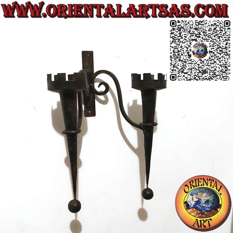 Medieval style wall candlestick with 2 torches in handmade wrought iron