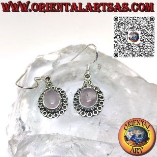 Silver earrings with oval rose quartz surrounded by circles