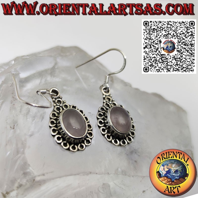 Boucles d'oreilles en argent avec quartz rose ovale entouré de cercles