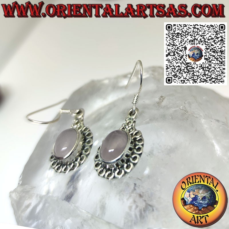 Silver earrings with oval rose quartz surrounded by circles